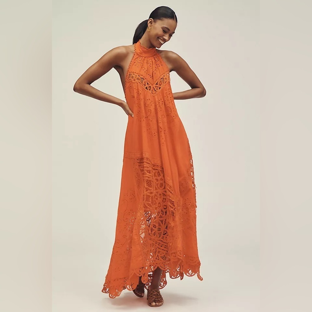 NWT! Anthropologie Orange Halter Cutwork Lace Dress 5️⃣